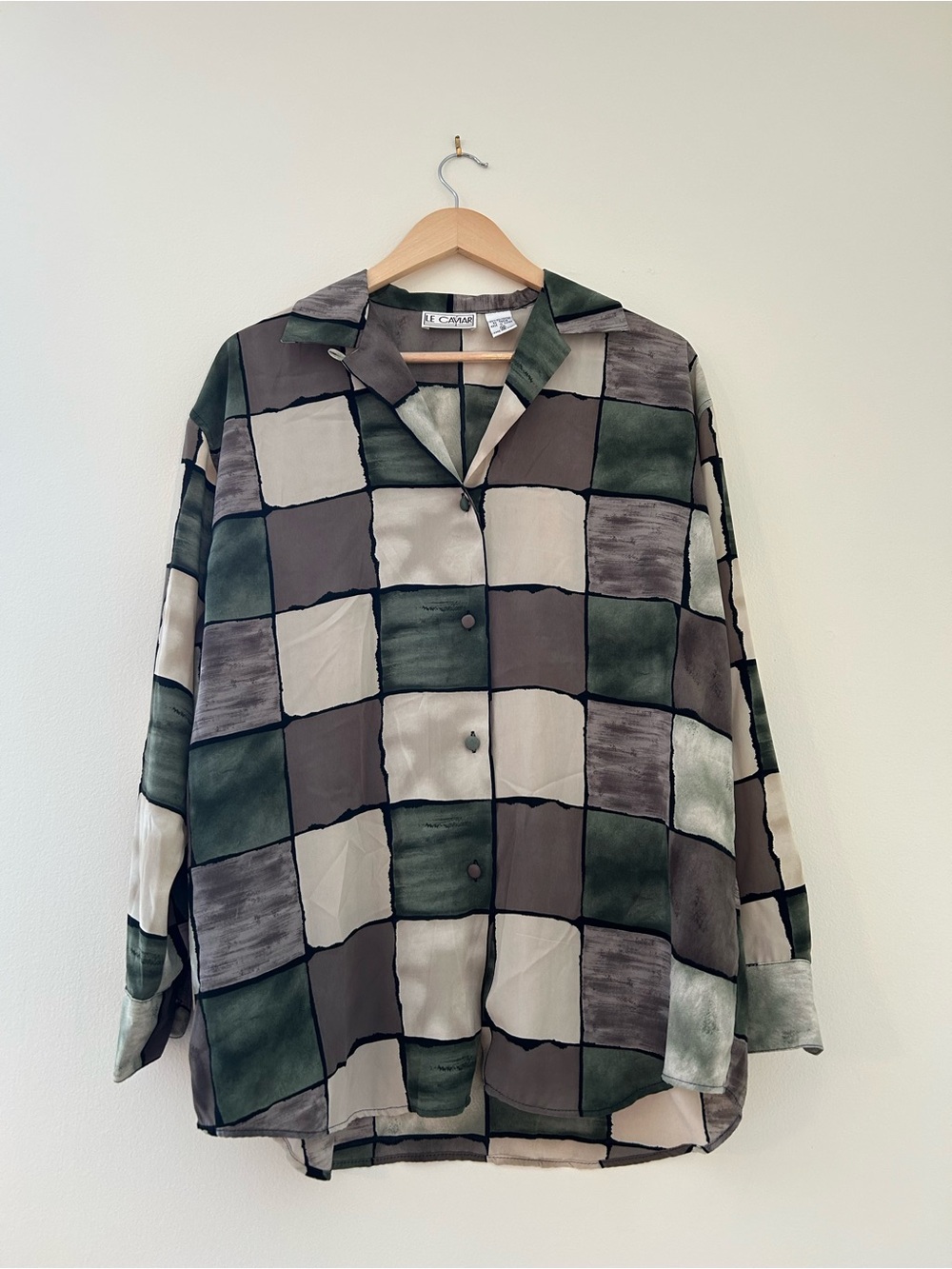 Vintage Le Caviar Green & Gray Checkerboard Button-Front Shirt